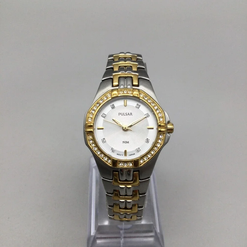 Pulsar Womens Watch 28mm Silver Dial Two Tone Crystal Bezel New Battery 6.25: